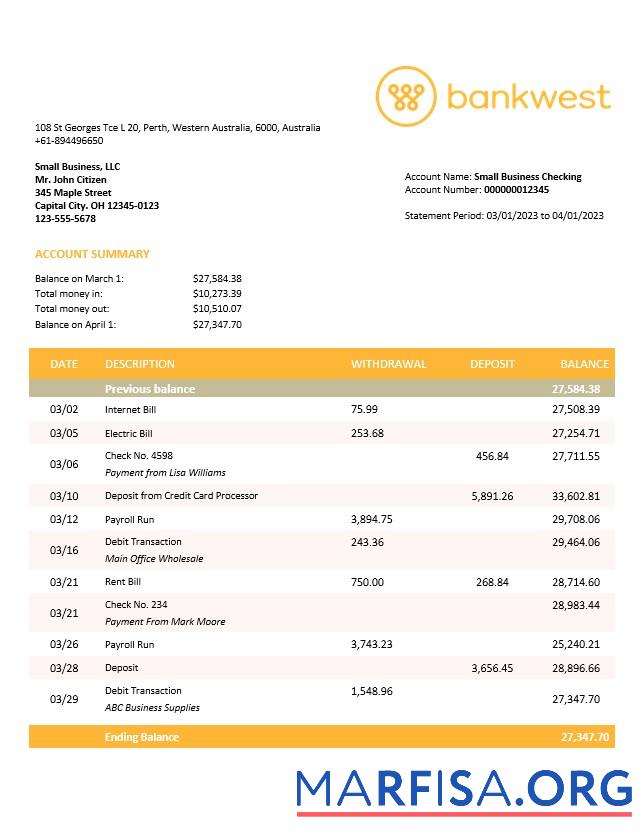 Blank Bankwest business bank statement Word and PDF template